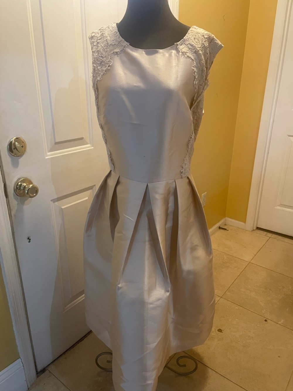 Chancelle Satin Lace-Trim Formal Dress in Champagne